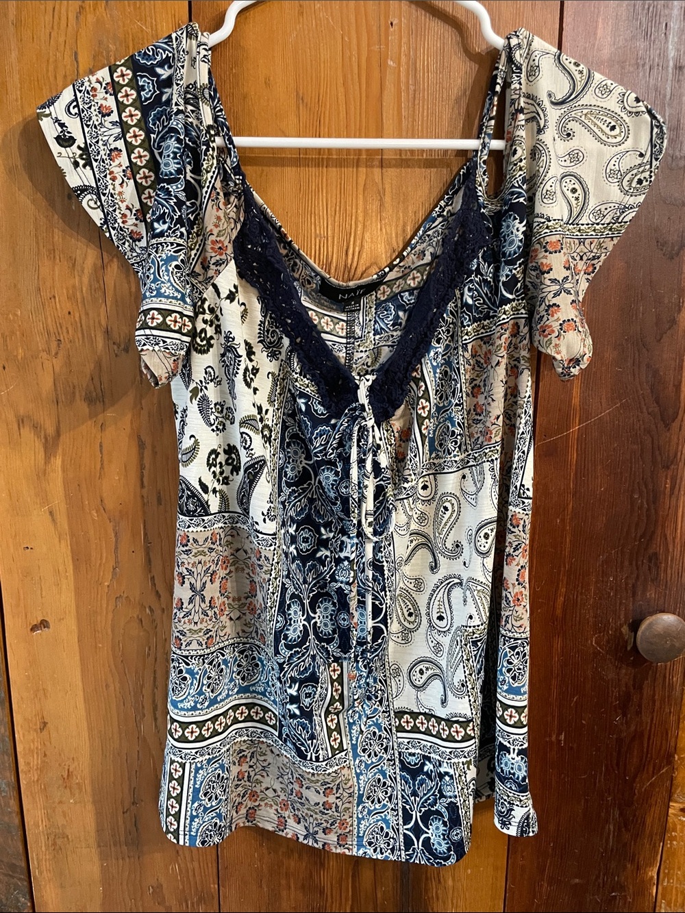 NAIF Navy and Cream Paisley Tie-Front Blouse